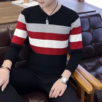 

LEFT ROM 2019 Men's fashion autumn winter sweater Casual Striped Men v-neck Pullovers Knitted Male Mens Sweaters Knit shirts