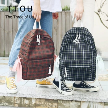 

TTOU Classic Plaid Backpack for Women Cute Bow Ribbon School Bag for Teenages Girls Canvas Bagpack Travel Bag Rucksack Mochila