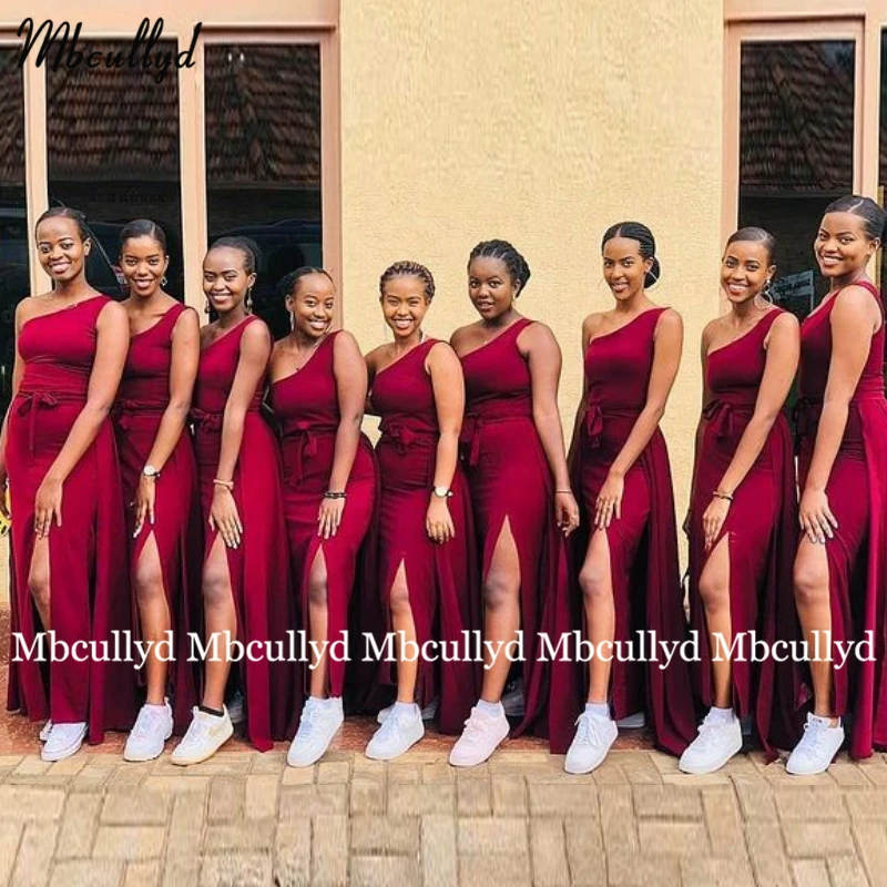 

Африканские женские платья подружки невесты, бордовое атласное длинное платье на одно плечо для свадебной вечеринки, платья подружки невесты для выпускного вечера