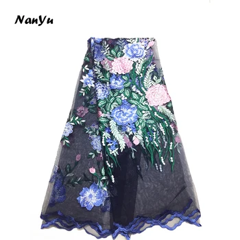 

NanYu Multicolor Blue Flower Tulle Lace Embroidered Fabric For Evening Dresses