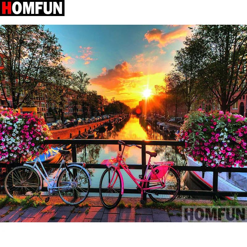 

HOMFUN Diamond Painting Cross Stitch Pattern 5D Diamond Embroidery "Bicycle flower sunset" Home Decor DIY diamond Art A27259