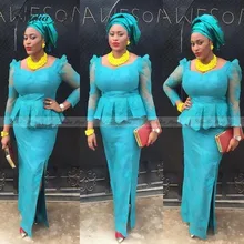 Бирюзовые синие кружевные нигерийские вечерние платья с длинным рукавом Асо Эби африканские вечерние платья размера плюс платье для выпускного вечера с разрезом баской