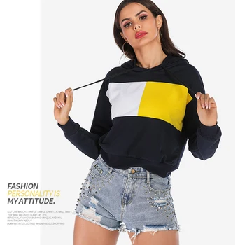 

Women Fashion Hooded Sweatshirt Contrast Color Stitching Long Sleeve Loose Hooded Pullover Tops for Spring Autumn XRQ88