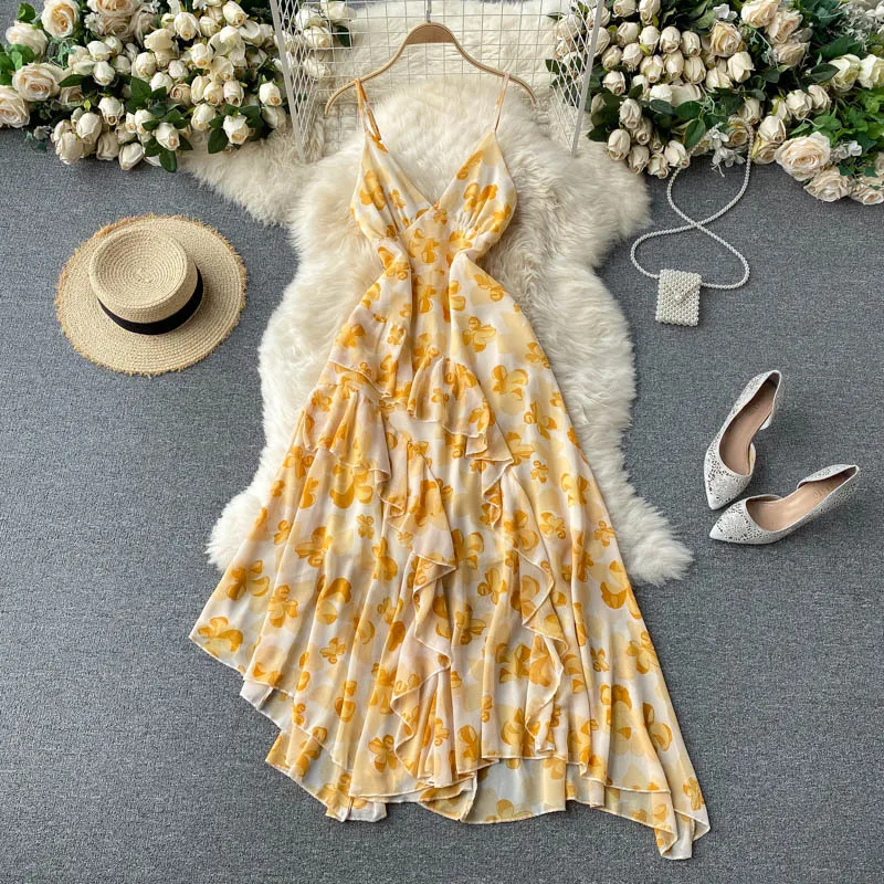 Elegant Floral Print Holiday Dress Sexy V-neck Spaghetti Strap Backless Ruffles Irregular Boho Beach Maxi Chiffon Women | Женская одежда