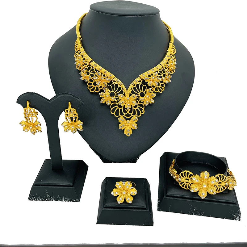 

24k Color Gold collarbone party jewelry sets for women African bridal wedding gifts Dubai Bracelet Necklace earrings ring set