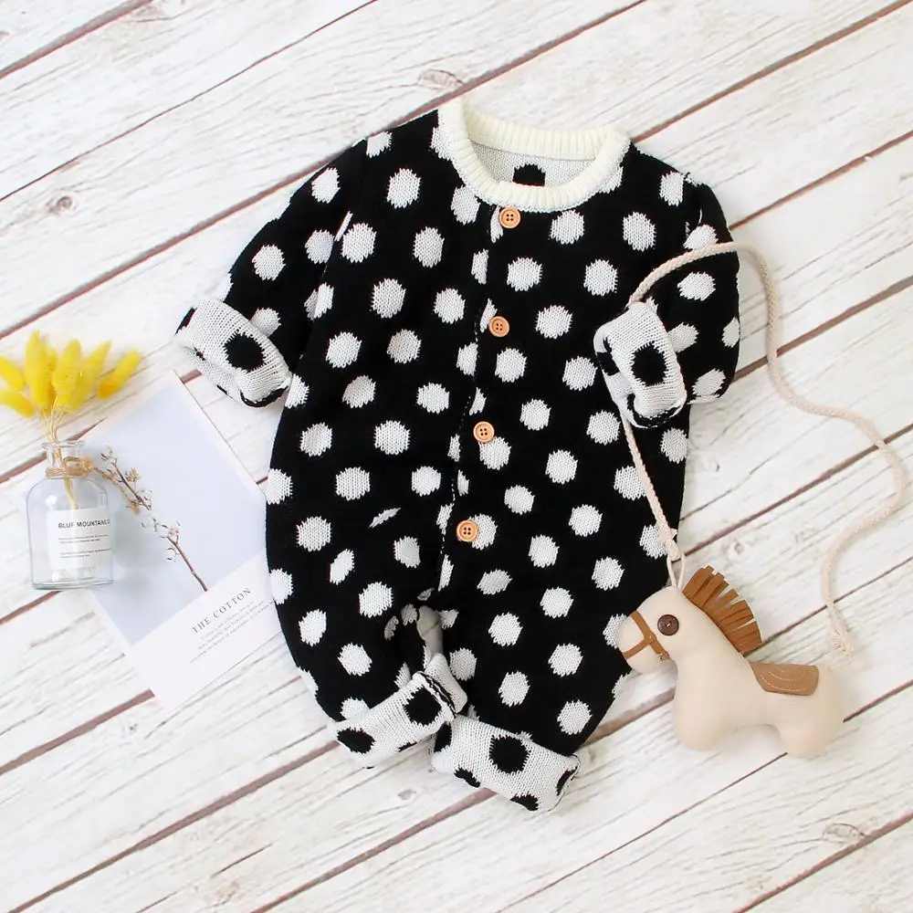 

Newborn Baby Clothes Casual Button Up Full Sleeve Boy Girl Rompers Jumpsuits Dots Knitted Toddler Infant Kids Outfits 0-18Months