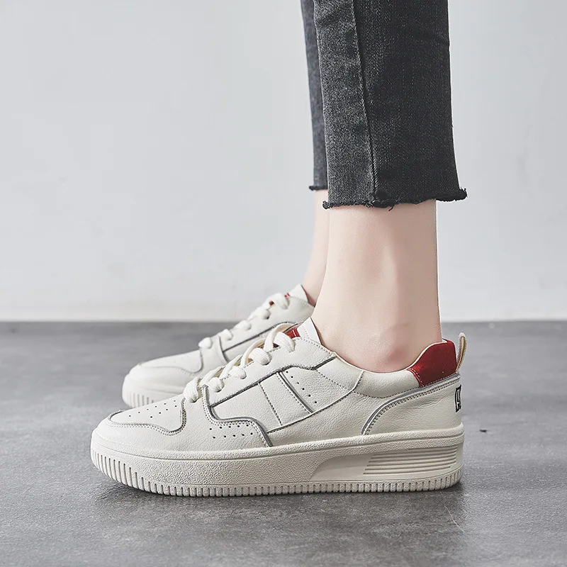 

2020 new flats shoes woman off white Split Leather Casual Basic Lace-Up Round Toe Spring/Autumn women board shoes Female Shoes