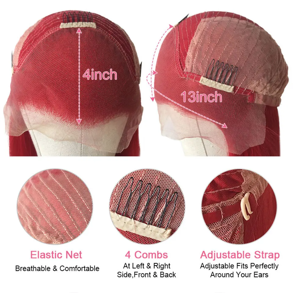 Бразильский девственные волосы красный Синтетические волосы на кружеве парики из натуральных волос для Для женщин бордовый человеческие волосы парики предварительно вырезанные 99J длинные 13x4 Цветной парик шнурка