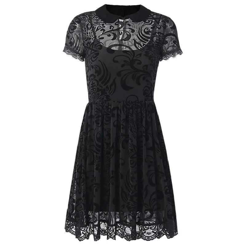 Темное готическое панк сексуальное Сетчатое кружевное черное платье для женщин Лолита короткий рукав Высокая талия мини платья для вечеринок