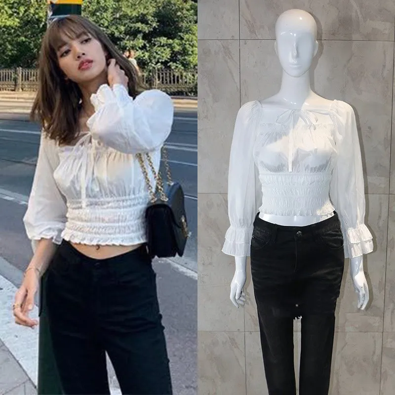 

kpop Blackpink LISA same 2019 summer korean retro wild sweet white Chiffon blouse women streetwear puff sleeve shirt female tops