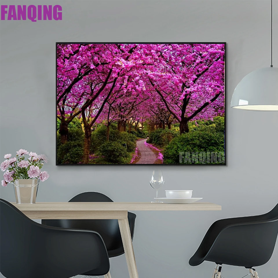 Diamond Painting Set Flower Home Decor Embroidery Cross Stitch Cherry Blossoms Mosaic Tree Scenery Diamond Art