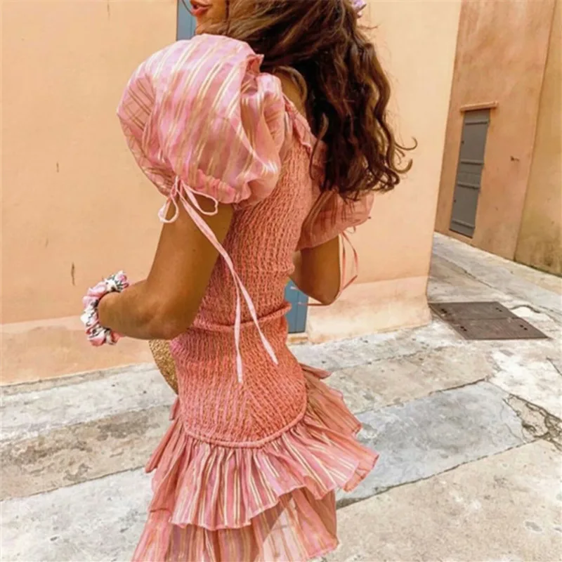 DEAT spring summer short puff sleeve ruffles short mini dress women MH403