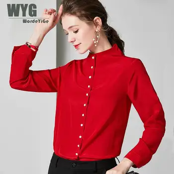 

100% Crepe Silk Blouses Shirts 2019 Autumn Office Lady Style Solid White Red Long Sleeve Paris Fashion Blouses And Tops