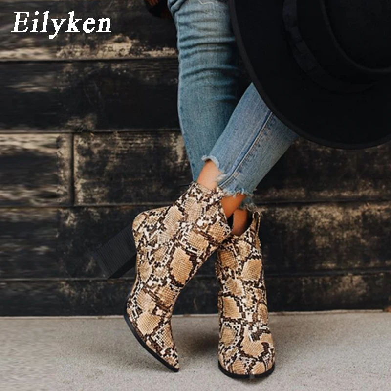 

Eilyken Print Snake Pu Women Ankle Boots Zip Pointed Toe High Heels Female Boot Party Shoes Women 2020 New Winter