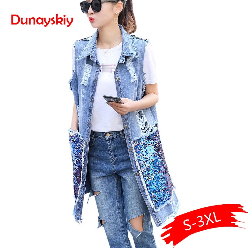 

Street Fashion Sequins Patchwork Long Denim Vest Basic Gilet Frayed Holes Waistcoat For Women Sleeveless Colete Feminino 3XL