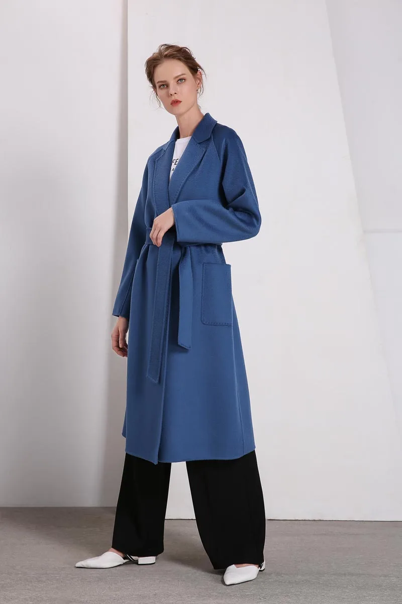 Luxury Women's Runway Coats Turn Down Collar Long Sleeves Sash Belt Elegant Double Cashmere Wool Overcoats Winter Outerwear - Цвет: Синий
