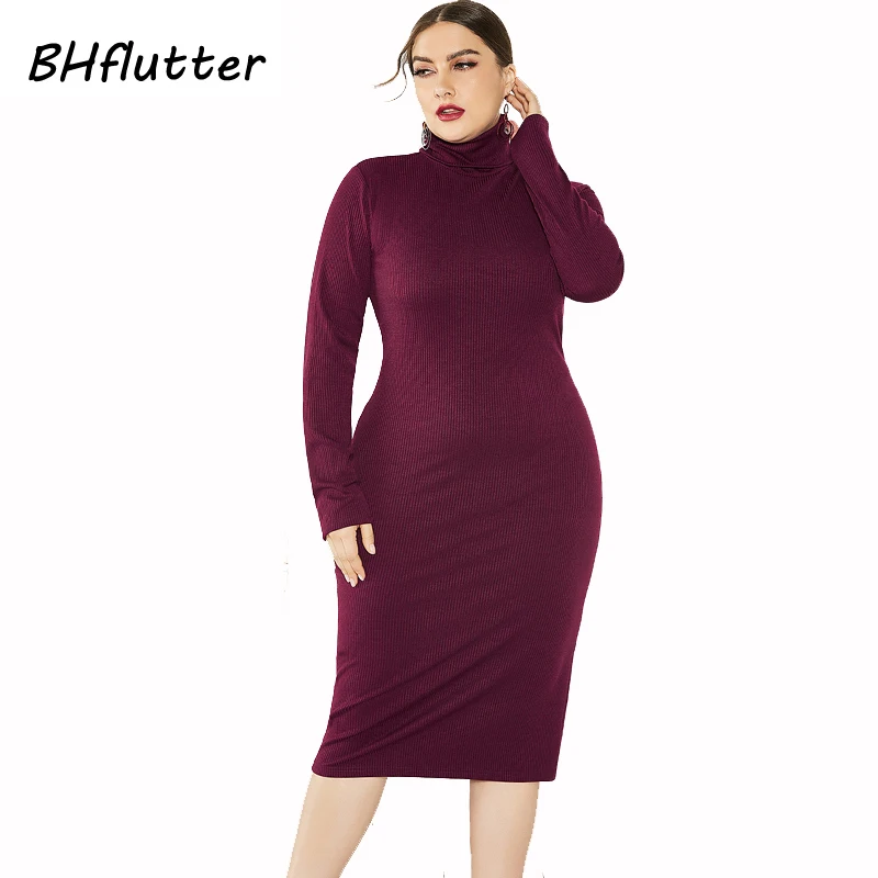 

BHflutter 4XL 5XL 6XL Plus Size Winter Dress Women 2019 Long Sleeve Turtleneck Knitted Dress Ladies Sexy Bodycon Vintage Dresses