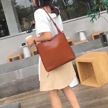 

Coated Cowhide Leather Bag Large Capacity Women One Shoulder Bag 2020 New Arrival Solid Color Bucket Bag Fashion Women Tote