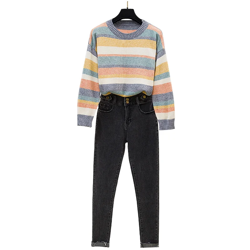 

fall and winter rainbow stripes round collar knitting sweater elastic jeans denim pants pencil trousers suit women 2 pcs suit