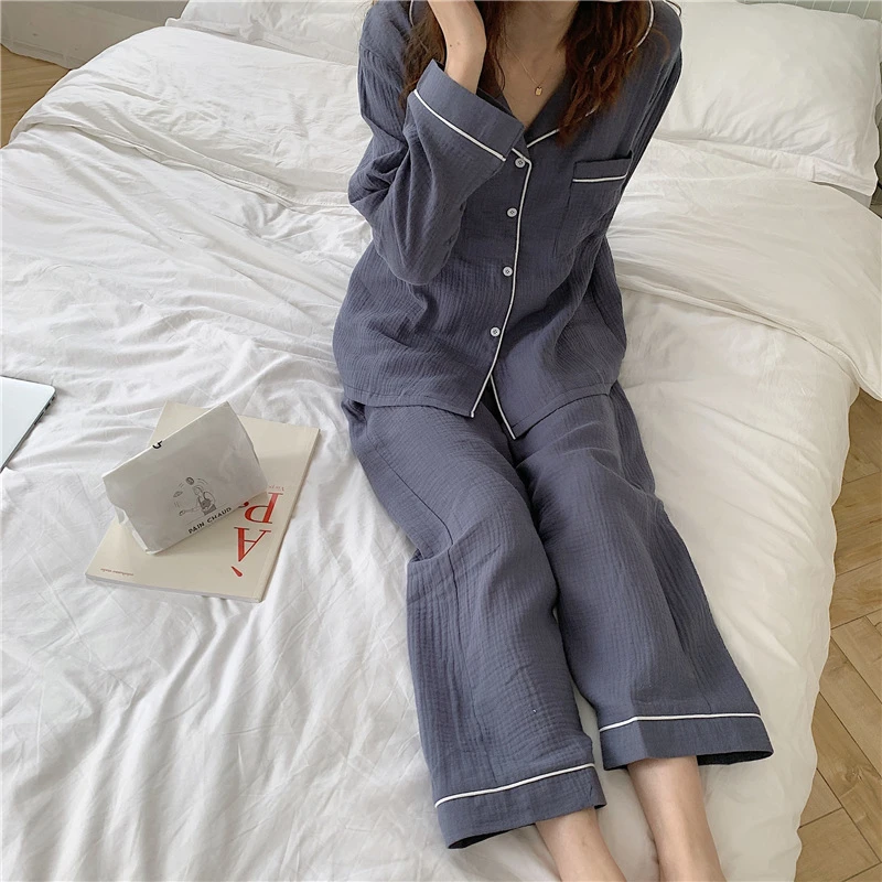 

Ladies pajamas set two-piece cotton solid color long-sleeved pajamas sweet and cute casual Homewear set JJF0025