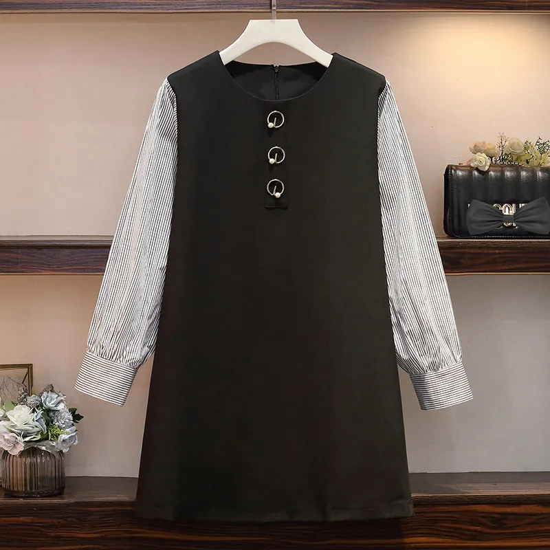 

XL-5XL Plus Size 2019 Autumn Women O Neck Patchwork Stripe Long Sleeves Casual Loose Dress Oversize Dresses N136