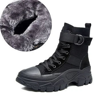 

Women Ankle Boots Black Warm Heels Platform Canvas Motorcycle Boots Fashion Lace Up Autumn Winter Women Martin Shoes VT1396