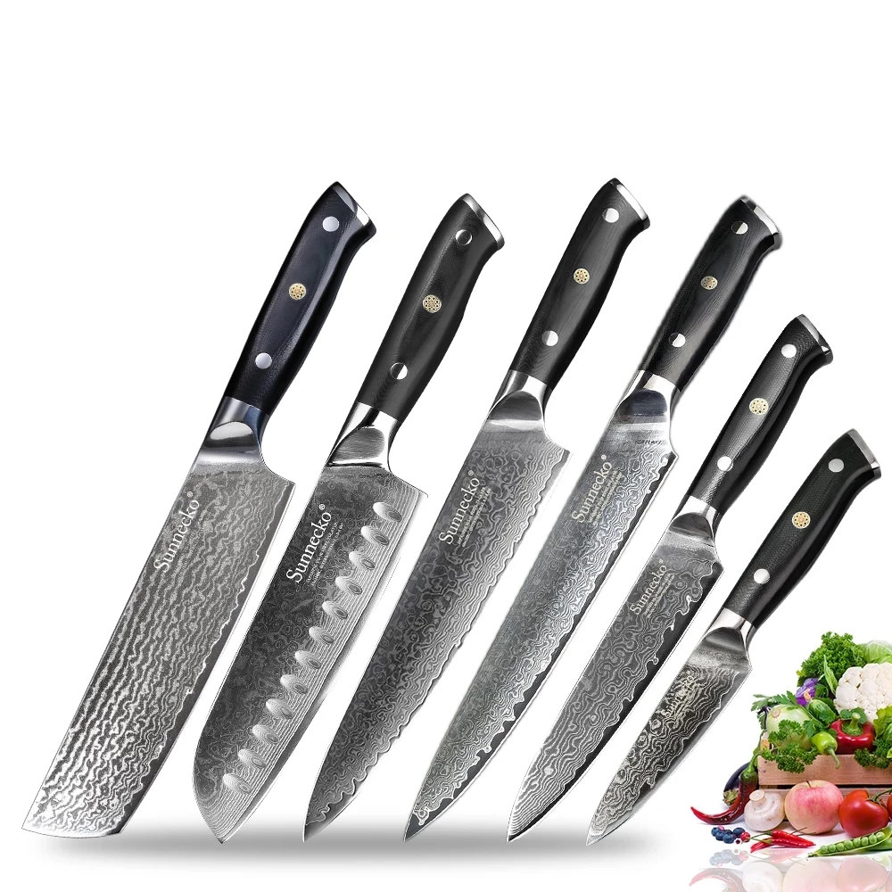SUNNECKO 6pcs Damascus Kitchen Knife Set Chef Slicing Bread Utility Paring Cleaver Knives