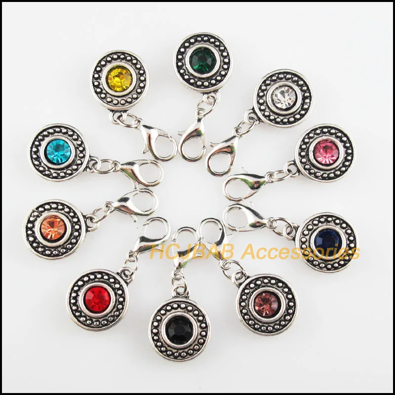 

10 New Spots 13.5x17mm Charms Mixed Round Crystal Tibetan Silver Plated Retro With Lobster Claw Clasps