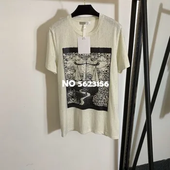 

Designer Spring Summer Vintage Print Cotton Linen Tops Tees Women's Fashion Short Sleeve Round Neck T Shirts Female