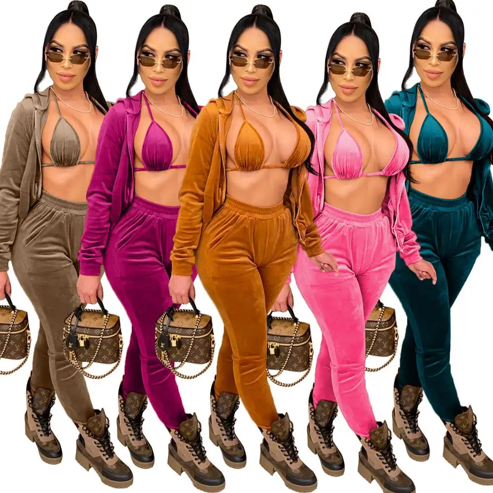 

RT Casual Women Tracksuit Three Pieces Set Zippers Hooded Jacket Bra Long Pants Velvet 3 Pieces Set Sports Suit Outdoor Wear