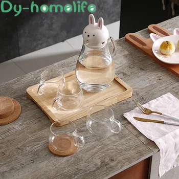 

2000ml Korean Creative Cartoon Kitten Pot Lid Transparent Glass Cold Water Bottle with Glass Coaster Set Household Goods