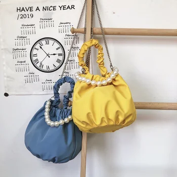 

Elegant Women Pleated Crossbody Bag Portable Pearl Totes Handbags Chain Shoulder Pouch Candy Color Messenger Bag
