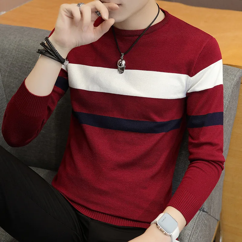 Suéter a rayas para hombre, ropa de punto fina de algodón con cuello redondo, para jóvenes, Otoño, 2021