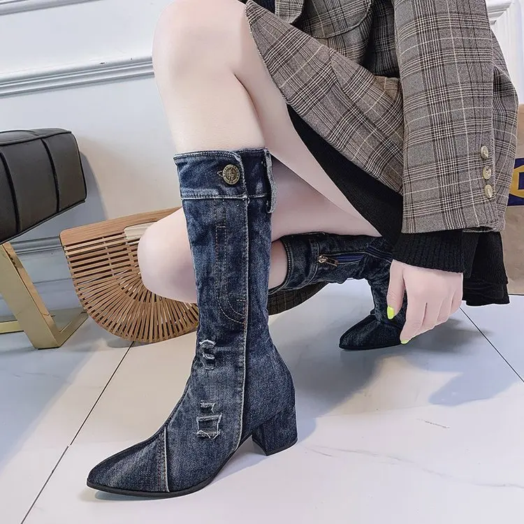 Plus-size Boot Girl 2020 New European and American Cowboy High Heel Middle Women Boots Winter red bottoms | Обувь