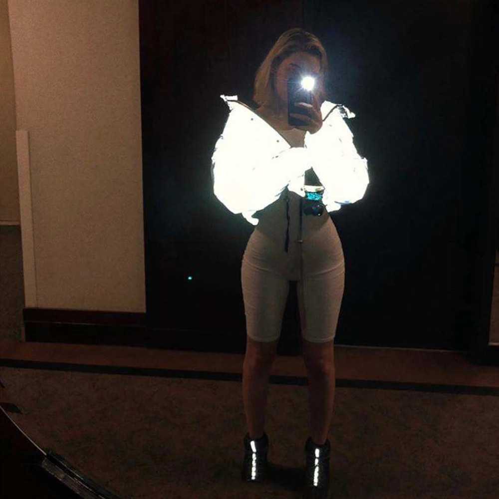 low cost  Women Oversize Cropped Jacket Night Reflective Solid Gray Zipper Button Winter Coat Female Warm Loo