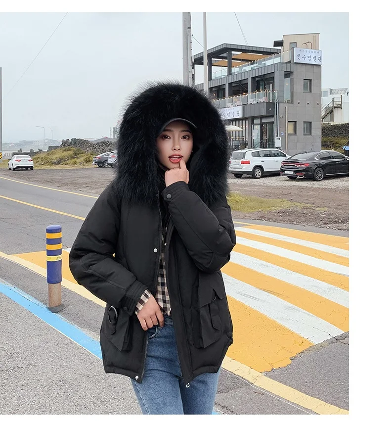 Big fur collar Parka Winter Jacket Women Coat Korea Loose Warm Cotton Padded Outerwear Solid Casual Female Hooded Coats