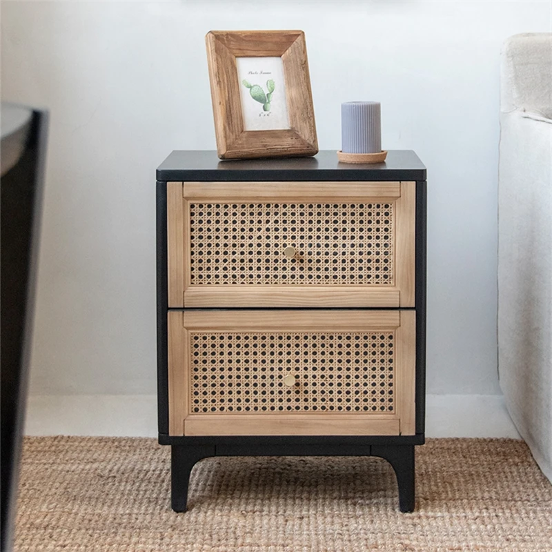 Rattan Black Bed Side Table Modern Minimalist Nightstands For Bedroom