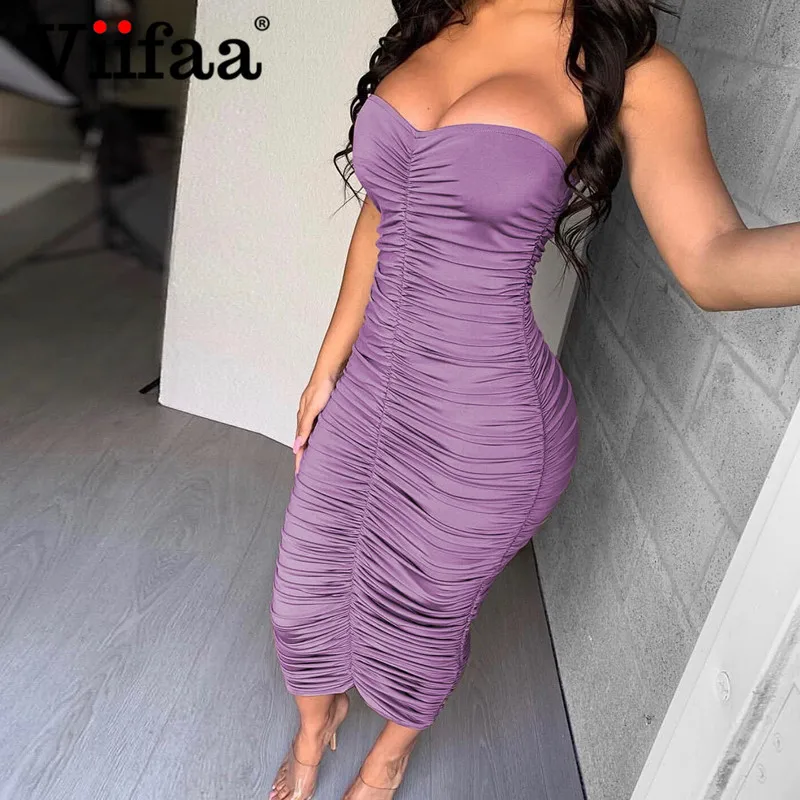 

Viifaa Purple Ruched Sexy Bodycon Strapless Tube Midi Dress Night Out Clubwear Women Party Slim Fit Summer Ladies Dresses
