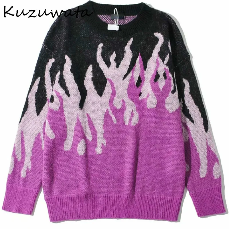 Kuzuwata Punk Style Fashion Chic Flame Print Sweaters 2022 Spring Autumn Hit Color Warm Women Pullovers Ins O Neck Loose Coat | Женская