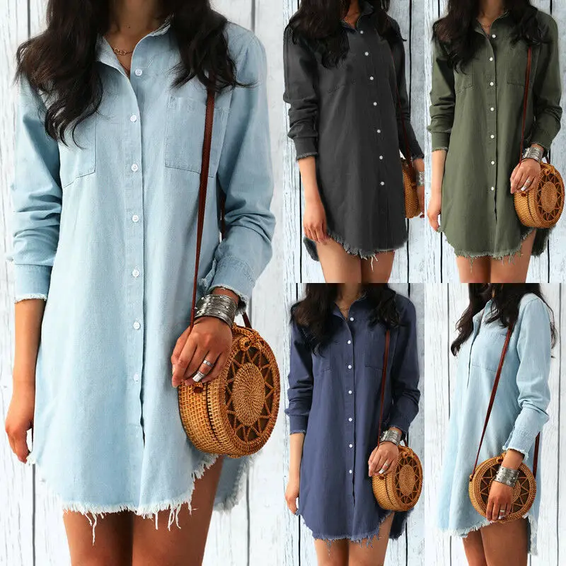 2019 Women Long Sleeve Loose Denim Vestito Summer Fashion Dress Casual Female Mini Dress Lady Turn-down Collar Shirt Short Dress 2019 Women Long Sleeve Loose Denim Vestito Summer Fashion Dress Casual Female Mini Dress Lady Turn-down Collar Shirt Short Dress