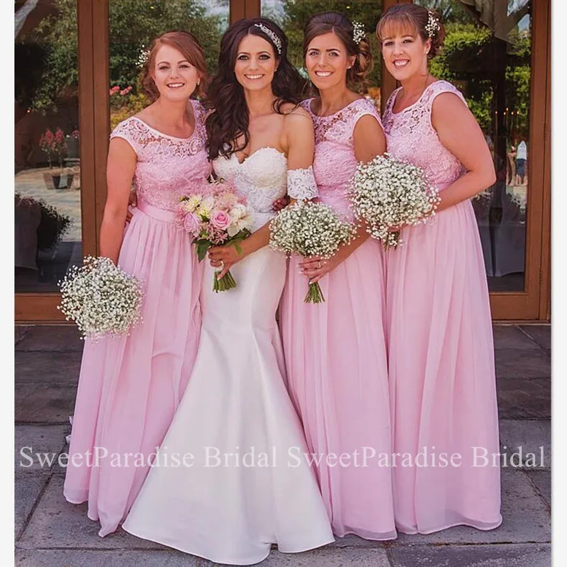 

Bohemia Pink Bridesmaid Dresses With Sheer Lace Top and Chiffon Skirt Long Vestido Madrinha Wedding Guest Dress Junior For Women