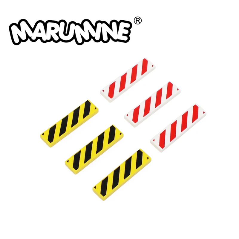 Marumine-baldosa de 1x4 con señales de advertencia, impresión en negro y amarillo, rojo y blanco, diseño de rayas de peligro, compatible con 2431p52, ladrillos MOC