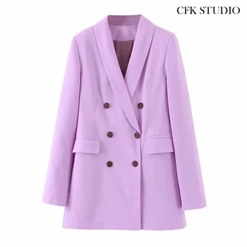 

Za 2020 Women Blazer with Turn-down Collar Solid Double Breasted Pocket Casual Loose Jacket Femme Pink Oversize Outwear Coat