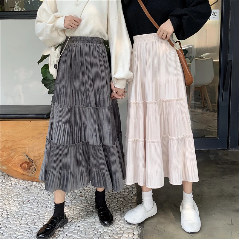 Faldas mujer moda однотонные плиссированные милые стильные осенние юбки до середины икры имперский Высокая талия Женская одежда Женская мода feminina