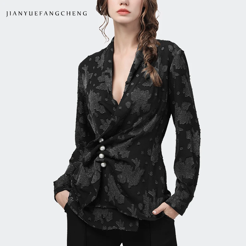 Fashion Blue Embossed Women' Shirt Long Sleeve