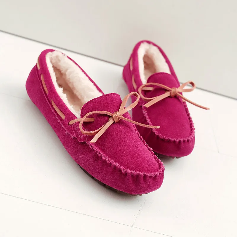 Winter New Warm Loafers Shoes Fashion Bowtie Soft Leather Women Ballet Flats Round Toe Non-slip Maternity Mother Boat Shoes