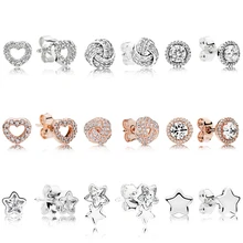 Новые 925 пробы серебряные серьги-гвоздики в форме сердца с сверкающими сердечками и звездочками, классические элегантные серьги-гвоздики, подходят для самостоятельного изготовления ювелирных изделий