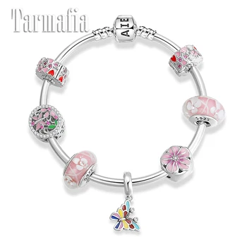 

Valentine's Day Gift 925 Sterling Silver Pink Enamel CZ Flowers butterfly Beads Charm Bracelet 925 Finished Bracelet for Women