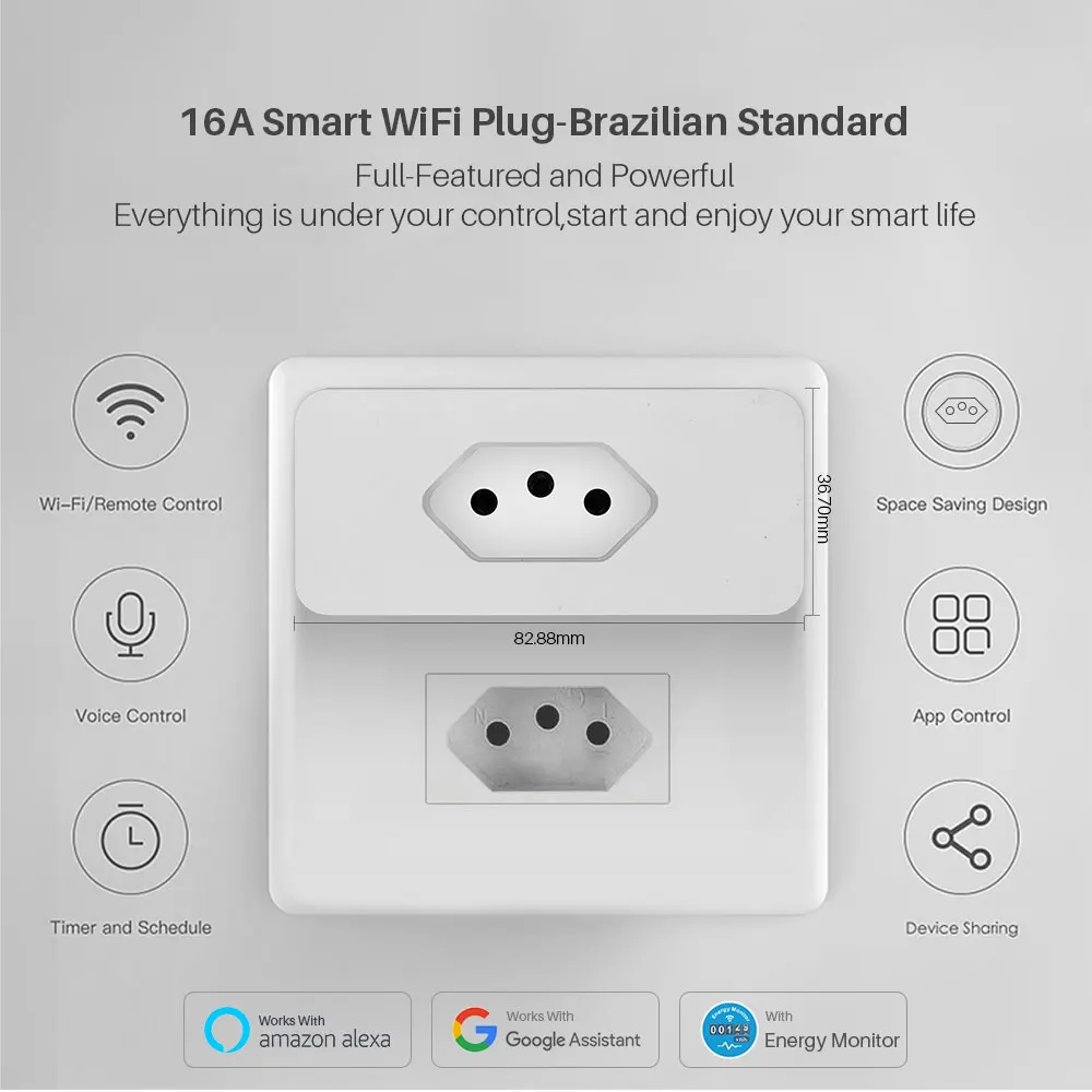 16A Smart Plug Brazil WiFi Tuya Intelligent Power Monitor Socket Timing SmartLife APP Remote Compatible With Alexa Google Home, smart plug