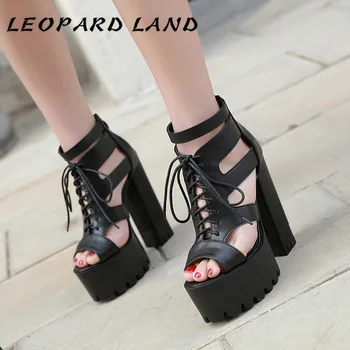 

LEOPARD LAND 2020 Summer Fashion Hate Sky High Chunky Heel Sandals Platform Hollow-out High Heels JXQ